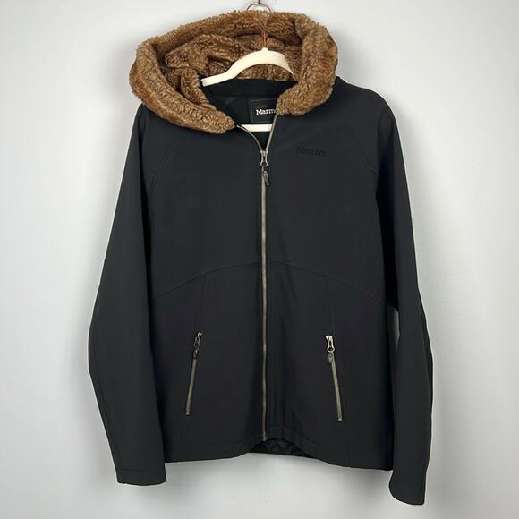 Marmot Furlong soft shell black zip faux fur lined hood large women’s coat - Picture 2 of 9